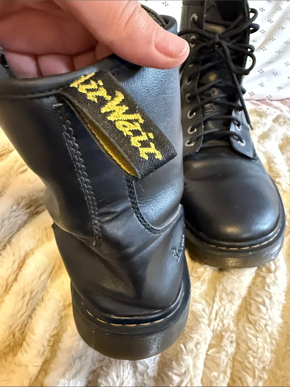 Dr. Martens Awley Black Leather Lace-Up Combat Boots with Yellow Stitch Nwot